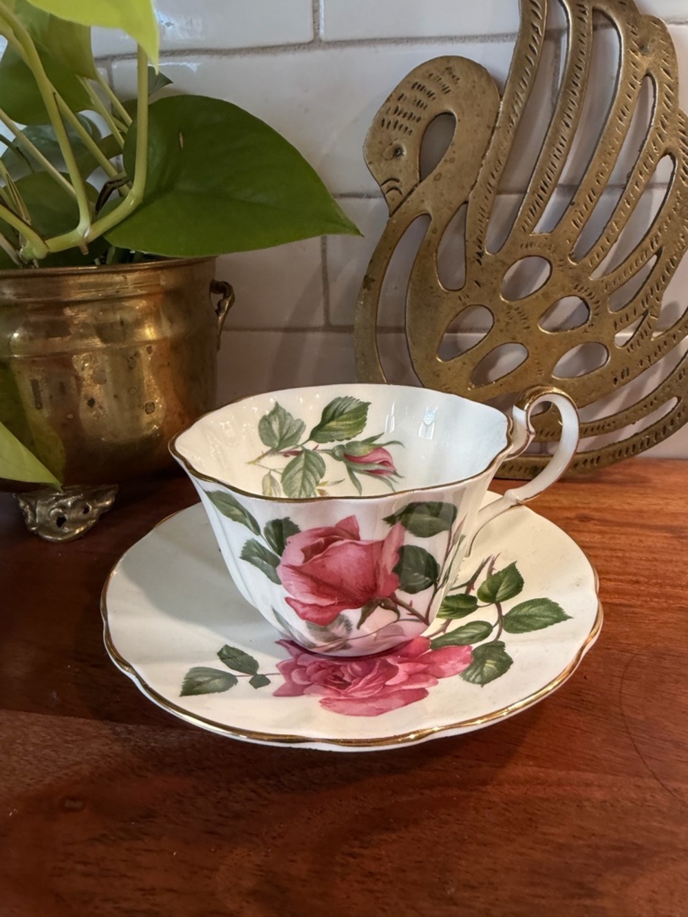 Vintage Rose Porcelain Teacup & Saucer - Pink Rose Design